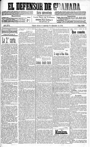 'El Defensor de Granada  : diario político independiente' - Año XVII Número 9269 1ª ed. - 1896 Septiembre 09