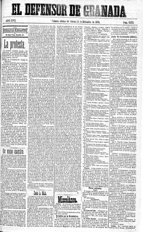 'El Defensor de Granada  : diario político independiente' - Año XVII Número 9272 1ª ed. - 1896 Septiembre 11