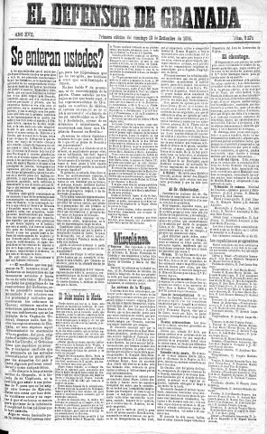 'El Defensor de Granada  : diario político independiente' - Año XVII Número 9275 1ª ed. - 1896 Septiembre 13