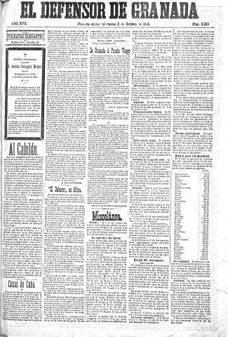 'El Defensor de Granada  : diario político independiente' - Año XVII Número 9303 1ª ed. - 1896 Octubre 02