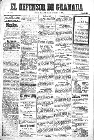 'El Defensor de Granada  : diario político independiente' - Año XVII Número 9306 1ª ed. - 1896 Octubre 05