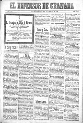 'El Defensor de Granada  : diario político independiente' - Año XVII Número 9319 1ª ed. - 1896 Octubre 17