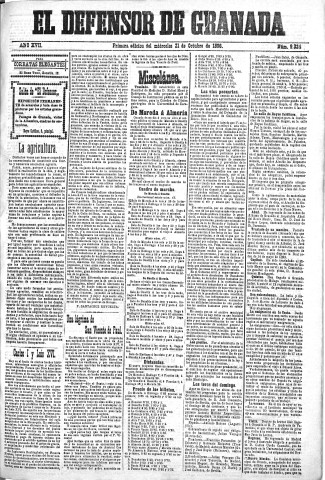 'El Defensor de Granada  : diario político independiente' - Año XVII Número 9324 1ª ed. - 1896 Octubre 21