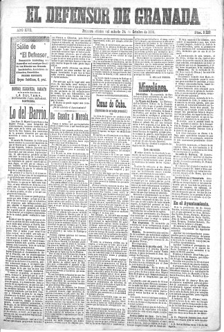 'El Defensor de Granada  : diario político independiente' - Año XVII Número 9328 1ª ed. - 1896 Octubre 24