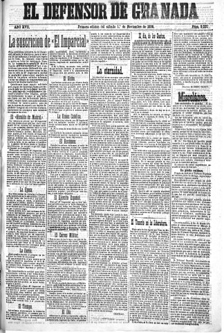 'El Defensor de Granada  : diario político independiente' - Año XVII Número 9340 1ª ed. - 1896 Noviembre 01