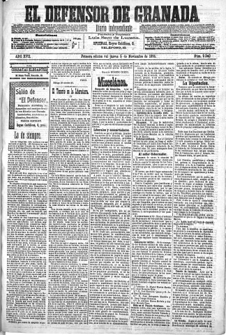 'El Defensor de Granada  : diario político independiente' - Año XVII Número 9343 1ª ed. - 1896 Noviembre 05