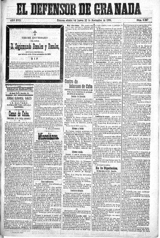 'El Defensor de Granada  : diario político independiente' - Año XVII Número 9347 1ª ed. - 1896 Noviembre 12