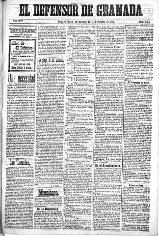 'El Defensor de Granada  : diario político independiente' - Año XVII Número 9350 1ª ed. - 1896 Noviembre 15