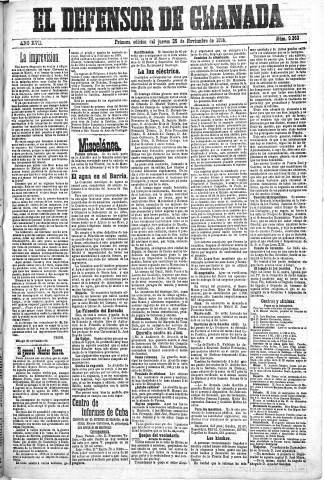'El Defensor de Granada  : diario político independiente' - Año XVII Número 9362 1ª ed. - 1896 Noviembre 26