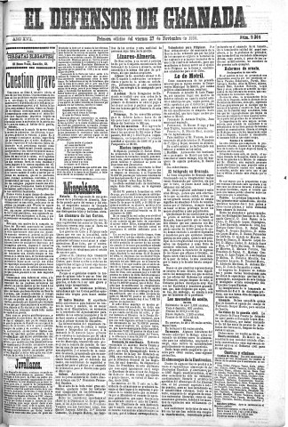 'El Defensor de Granada  : diario político independiente' - Año XVII Número 9363 1ª ed. - 1896 Noviembre 27