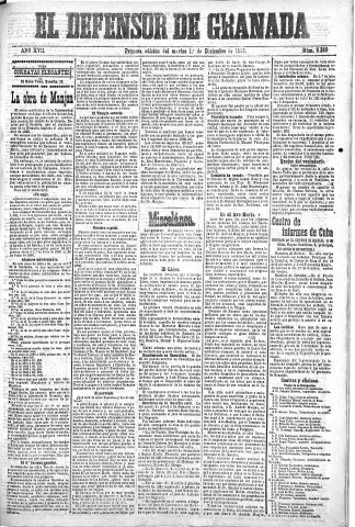 'El Defensor de Granada  : diario político independiente' - Año XVII Número 9368 1ª ed. - 1896 Diciembre 01