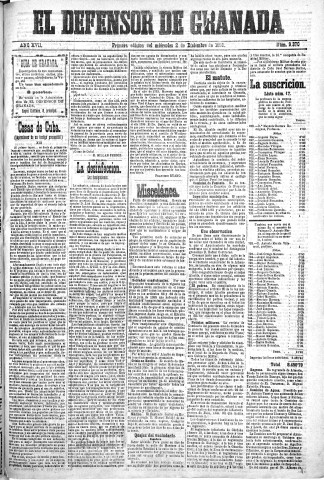 'El Defensor de Granada  : diario político independiente' - Año XVII Número 9369 1ª ed. - 1896 Diciembre 02