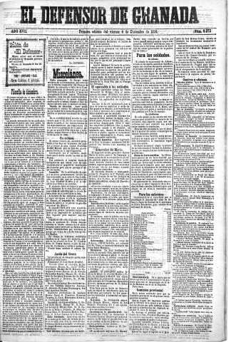 'El Defensor de Granada  : diario político independiente' - Año XVII Número 9373 1ª ed. - 1896 Diciembre 04