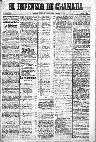 'El Defensor de Granada  : diario político independiente' - Año XVII Número 9374 1ª ed. - 1896 Diciembre 05
