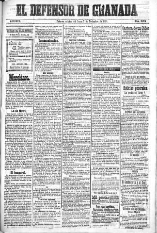 'El Defensor de Granada  : diario político independiente' - Año XVII Número 9376 1ª ed. - 1896 Diciembre 07