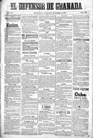 'El Defensor de Granada  : diario político independiente' - Año XVII Número 9378 1ª ed. - 1896 Diciembre 09