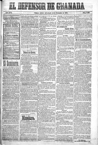 'El Defensor de Granada  : diario político independiente' - Año XVII Número 9392 1ª ed. - 1896 Diciembre 19