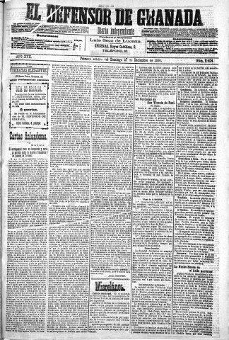 'El Defensor de Granada  : diario político independiente' - Año XVII Número 9403 1ª ed. - 1896 Diciembre 27