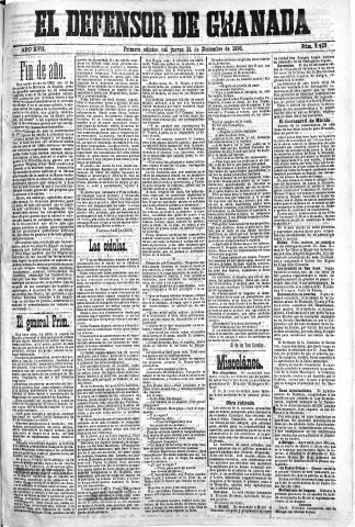 'El Defensor de Granada  : diario político independiente' - Año XVII Número 9408 1ª ed. - 1896 Diciembre 31