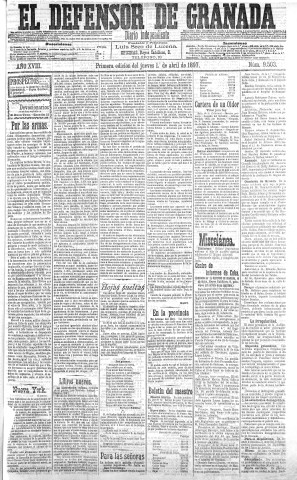 'El Defensor de Granada  : diario político independiente' - Año XVIII Número 9503 1ª ed. - 1897 Abril 01