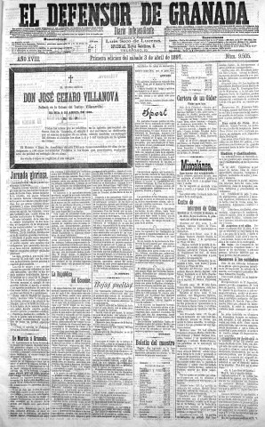 'El Defensor de Granada  : diario político independiente' - Año XVIII Número 9505 1ª ed. - 1897 Abril 03