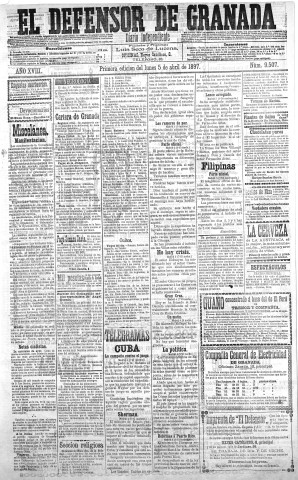 'El Defensor de Granada  : diario político independiente' - Año XVIII Número 9507 1ª ed. - 1897 Abril 05