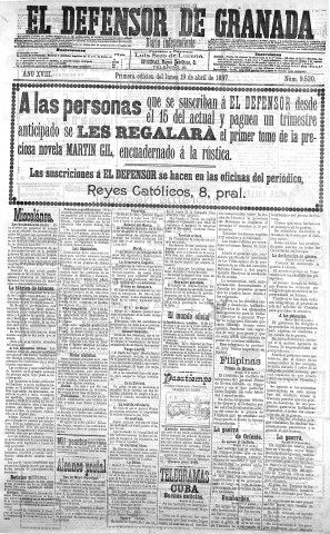 'El Defensor de Granada  : diario político independiente' - Año XVIII Número 9520 1ª ed. - 1897 Abril 19