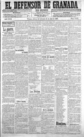 'El Defensor de Granada  : diario político independiente' - Año XVIII Número 9522 1ª ed. - 1897 Abril 21
