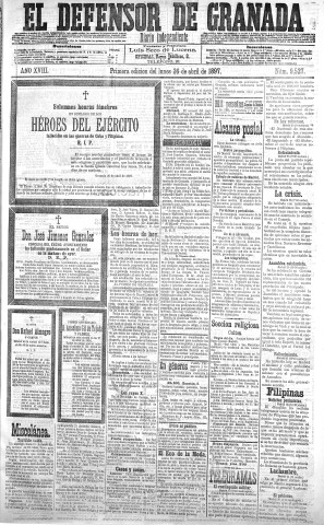 'El Defensor de Granada  : diario político independiente' - Año XVIII Número 9527 1ª ed. - 1897 Abril 26
