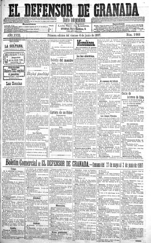 'El Defensor de Granada  : diario político independiente' - Año XVIII Número 5966 1ª ed. - 1897 Junio 04