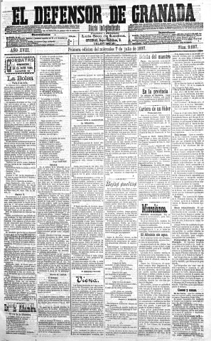 'El Defensor de Granada  : diario político independiente' - Año XVIII Número 9697 1ª ed. - 1897 Julio 07
