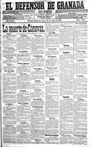 'El Defensor de Granada  : diario político independiente' - Año XVIII Número 9731 1ª ed. - 1897 Agosto 10