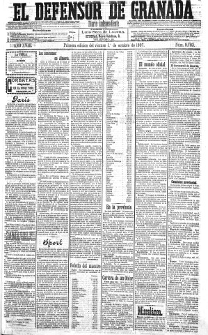 'El Defensor de Granada  : diario político independiente' - Año XVIII Número 9783 1ª ed. - 1897 Octubre 01