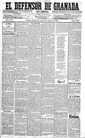 'El Defensor de Granada  : diario político independiente' - Año XVIII Número 9790 1ª ed. - 1897 Octubre 08