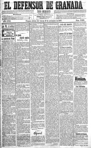 'El Defensor de Granada  : diario político independiente' - Año XVIII Número 9832 1ª ed. - 1897 Noviembre 19