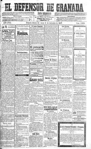 'El Defensor de Granada  : diario político independiente' - Año XVIII Número 9848 1ª ed. - 1897 Diciembre 06
