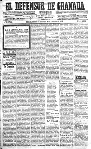 'El Defensor de Granada  : diario político independiente' - Año XVIII Número 9850 1ª ed. - 1897 Diciembre 08