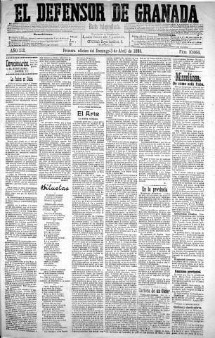 'El Defensor de Granada  : diario político independiente' - Año XIX Número 10064  - 1898 Abril 03
