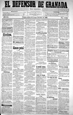 'El Defensor de Granada  : diario político independiente' - Año XIX Número 10065  - 1898 Abril 04