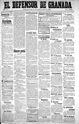 'El Defensor de Granada  : diario político independiente' - Año XIX Número 10069  - 1898 Abril 08