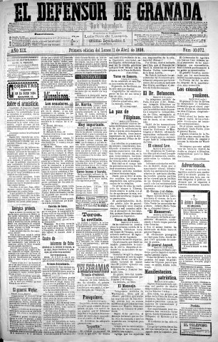 'El Defensor de Granada  : diario político independiente' - Año XIX Número 10072  - 1898 Abril 11