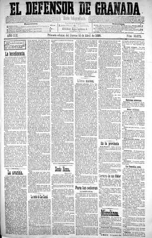 'El Defensor de Granada  : diario político independiente' - Año XIX Número 10075  - 1898 Abril 14