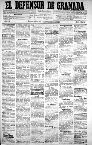 'El Defensor de Granada  : diario político independiente' - Año XIX Número 10079  - 1898 Abril 18
