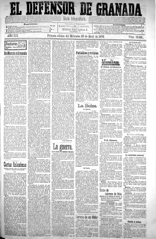 'El Defensor de Granada  : diario político independiente' - Año XIX Número 10081  - 1898 Abril 20