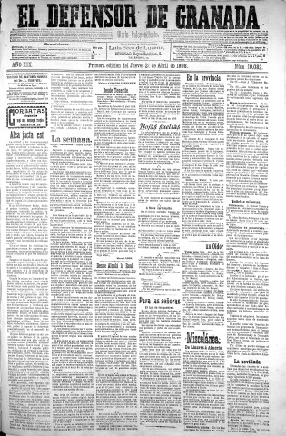 'El Defensor de Granada  : diario político independiente' - Año XIX Número 10082  - 1898 Abril 21