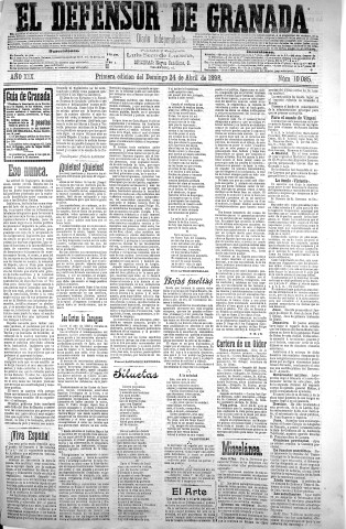 'El Defensor de Granada  : diario político independiente' - Año XIX Número 10085  - 1898 Abril 24