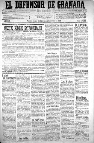 'El Defensor de Granada  : diario político independiente' - Año XIX Número 10088  - 1898 Abril 27