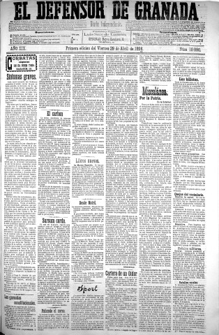 'El Defensor de Granada  : diario político independiente' - Año XIX Número 10090  - 1898 Abril 29