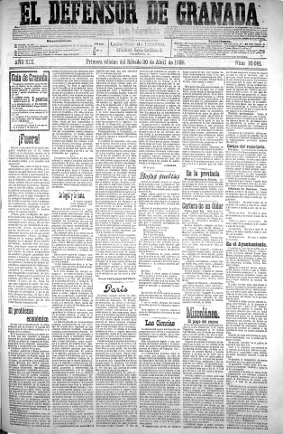 'El Defensor de Granada  : diario político independiente' - Año XIX Número 10091  - 1898 Abril 30