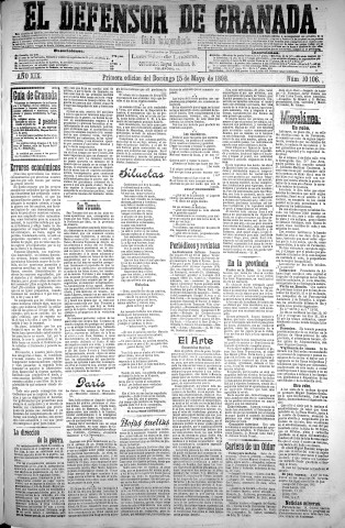 'El Defensor de Granada  : diario político independiente' - Año XIX Número 10106 1ª ed. - 1898 Mayo 15